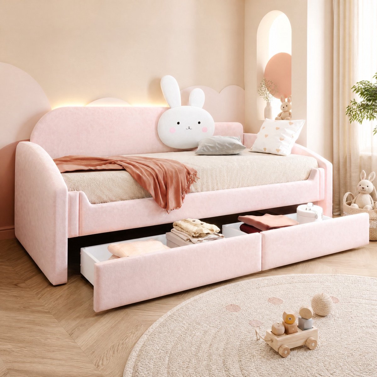 MODENUIT Slaapbank 90 x 200 cm - Met Opbergruimte En LED-Verlichting - Voor Kinderkamer - Stof - Roze