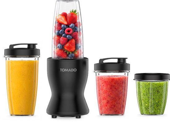 Tomado TTB0541B - Blender - Blender to go - 3 drinkbekers en drinkdeksels - 2 drinkringen - Zwart