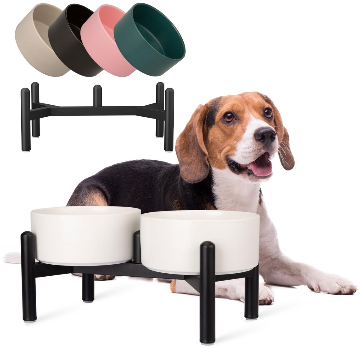 Famanu – Verhoogde keramische hondenbakset, dubbele schalen met roestvrijstalen standaard, voor voer en water voor kleine tot middelgrote honden, elk 2 kopjes (28,75 fl oz), wit