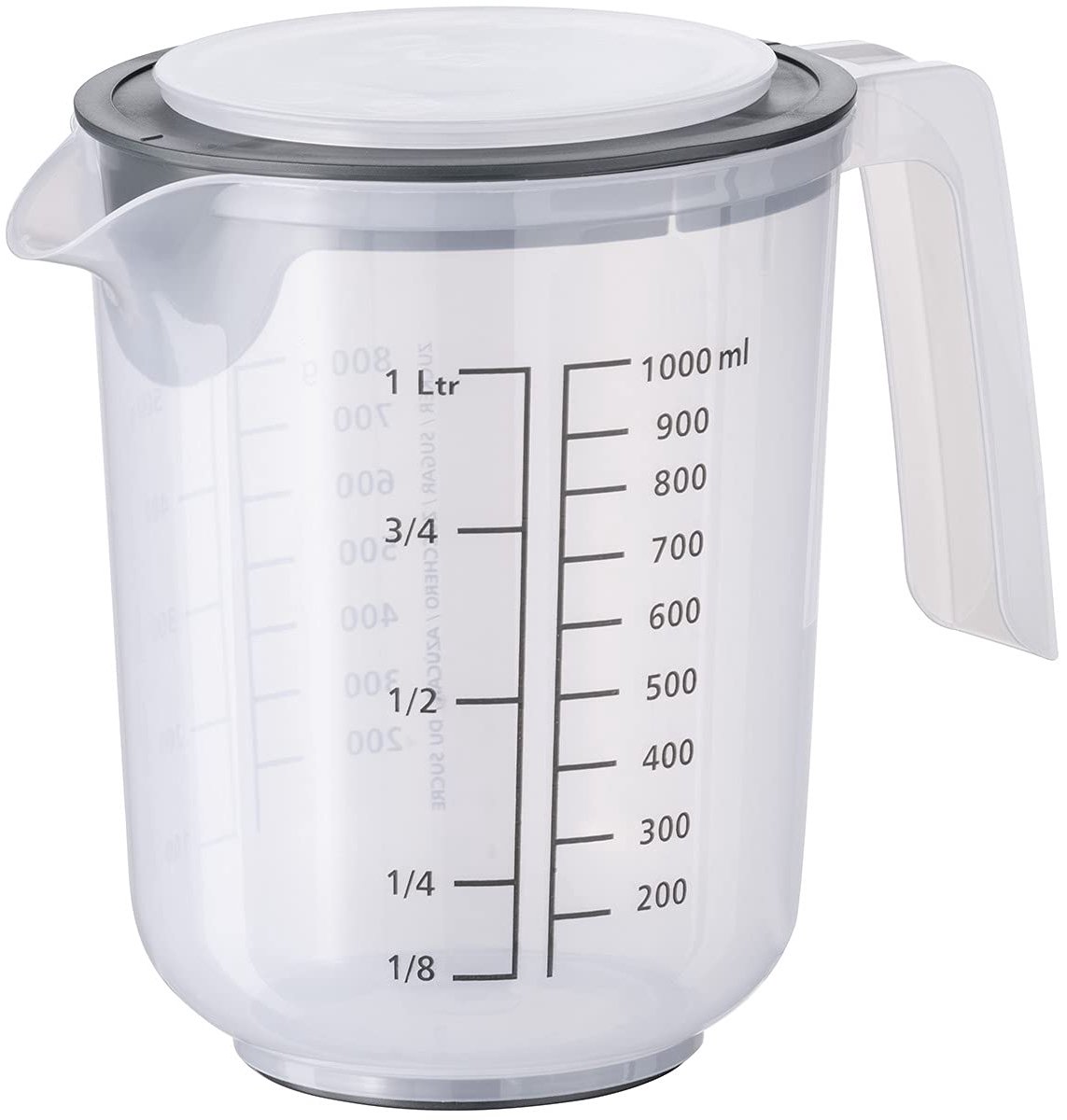 Famanu – Mengbeker met deksel, maatbeker met maatschalen voor vloeistoffen (l/ml), suiker (g) en bloem (g), volume 1 liter, Ø 12,5 cm, hoogte 16 cm, vaatwasmachinebestendig