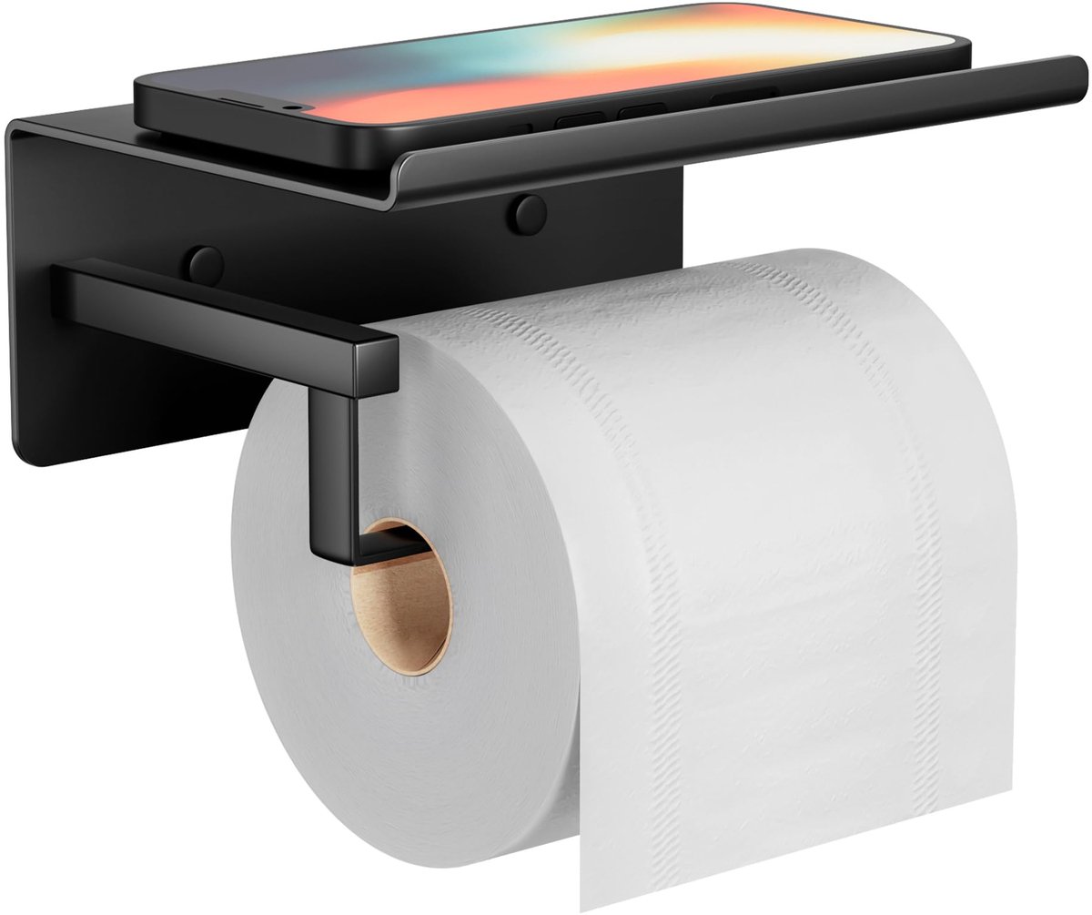 Famanu – Toiletpapierhouder met plank, zelfklevend en zwart roestvrij staal, praktische wc-rolhouder voor in de badkamer