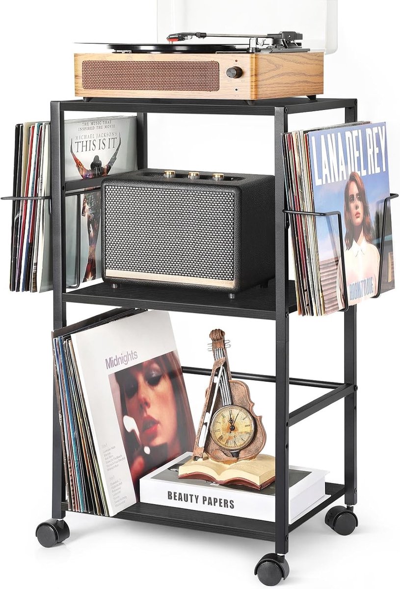 Platenstandaard met Zijtafel - Zwart - 30 x 45 x 74 cm - Houten en Metalen Constructie - Voor Vinylplaten en Platenspeler