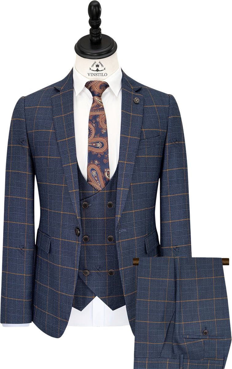 Currero 3 Delig Herenpak Met Overhemd - Suit 2 Delig - Tailored Fit Kostuum - Business Pak - Trouwpak - Smoking - Tuxedo Stijl - Bruiloft, Kantoor & Feest - Blauw XXXL