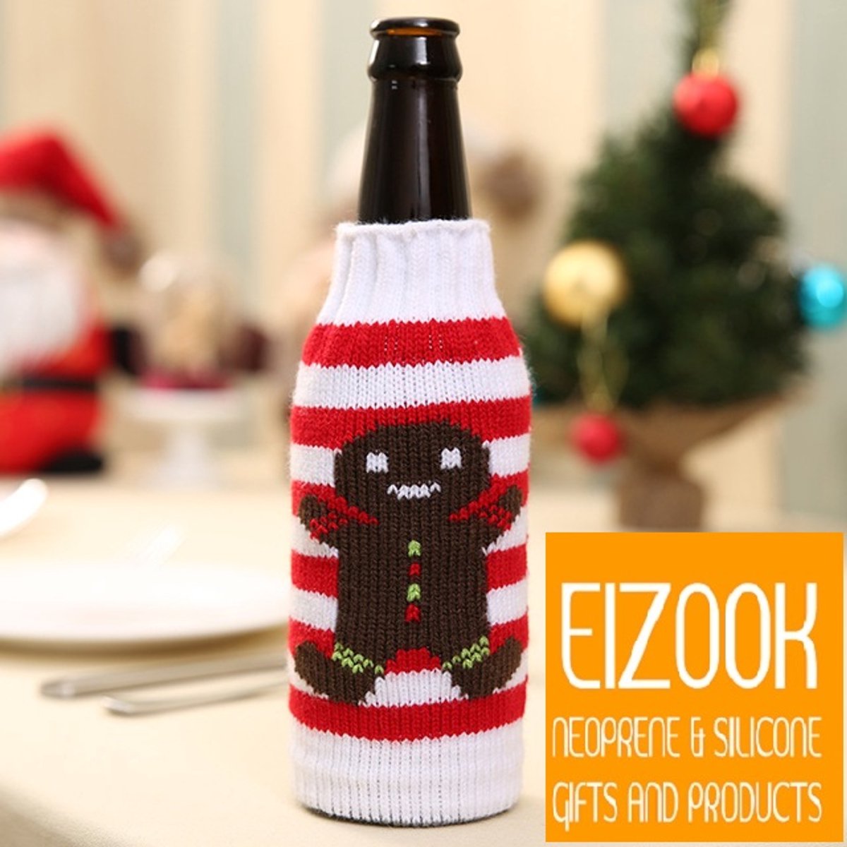 Eizook Set van 2 Kerst bierfles koel houders - wit rood gestreept - Kerstkado