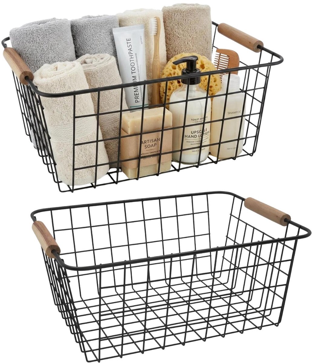 Gerimport Industriele draadmand / opbergmand - 2x - zwart - metaal - 32 x 25 x 14 cm - Keuken - kast - sokken -kleding - mandjes - 11 liter