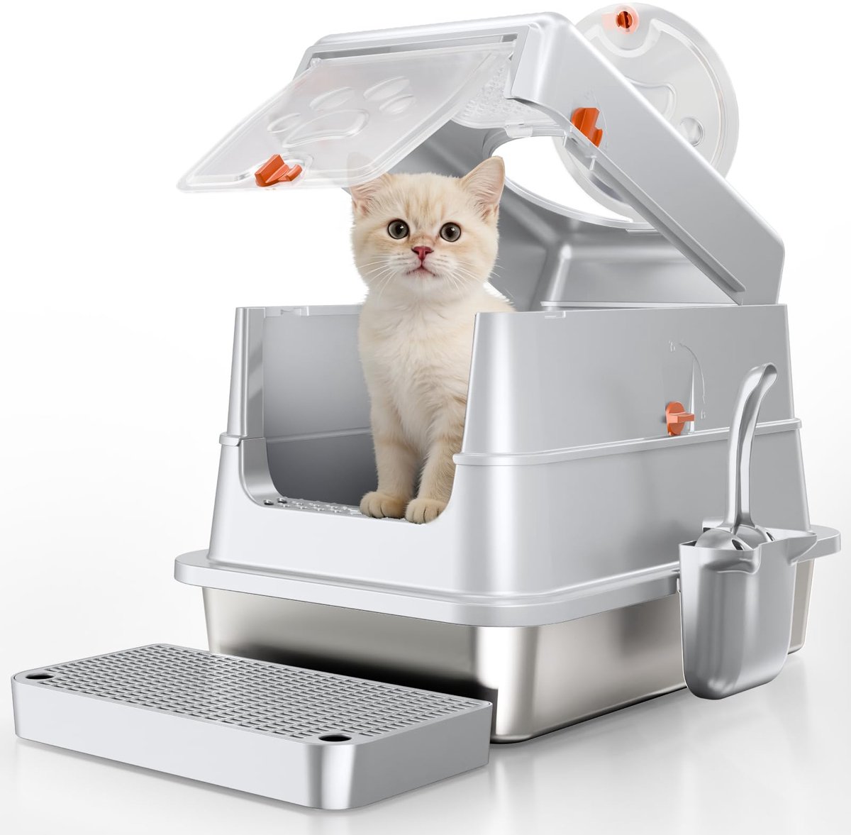 Famanu – Roestvrijstalen kattenbak, afgesloten kattenbak met deksel, metalen kattenbak met hoge zijkanten, lekkagebestendig en eenvoudig schoon te maken, klein, grijs Famanu – Roestvrijstalen kattenbak, afgesloten kattenbak met deksel, metalen kattenbak met hoge zijkanten, lekkagebestendig en eenvoudig schoon te maken, klein, grijs