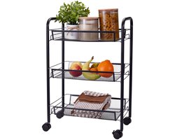Storage Solutions Keuken trolley rekje - zwart - metaal - 44 x 26 x 64 cm - 3 levels met draadmanden - op wielen - verrijdbare opslag unit