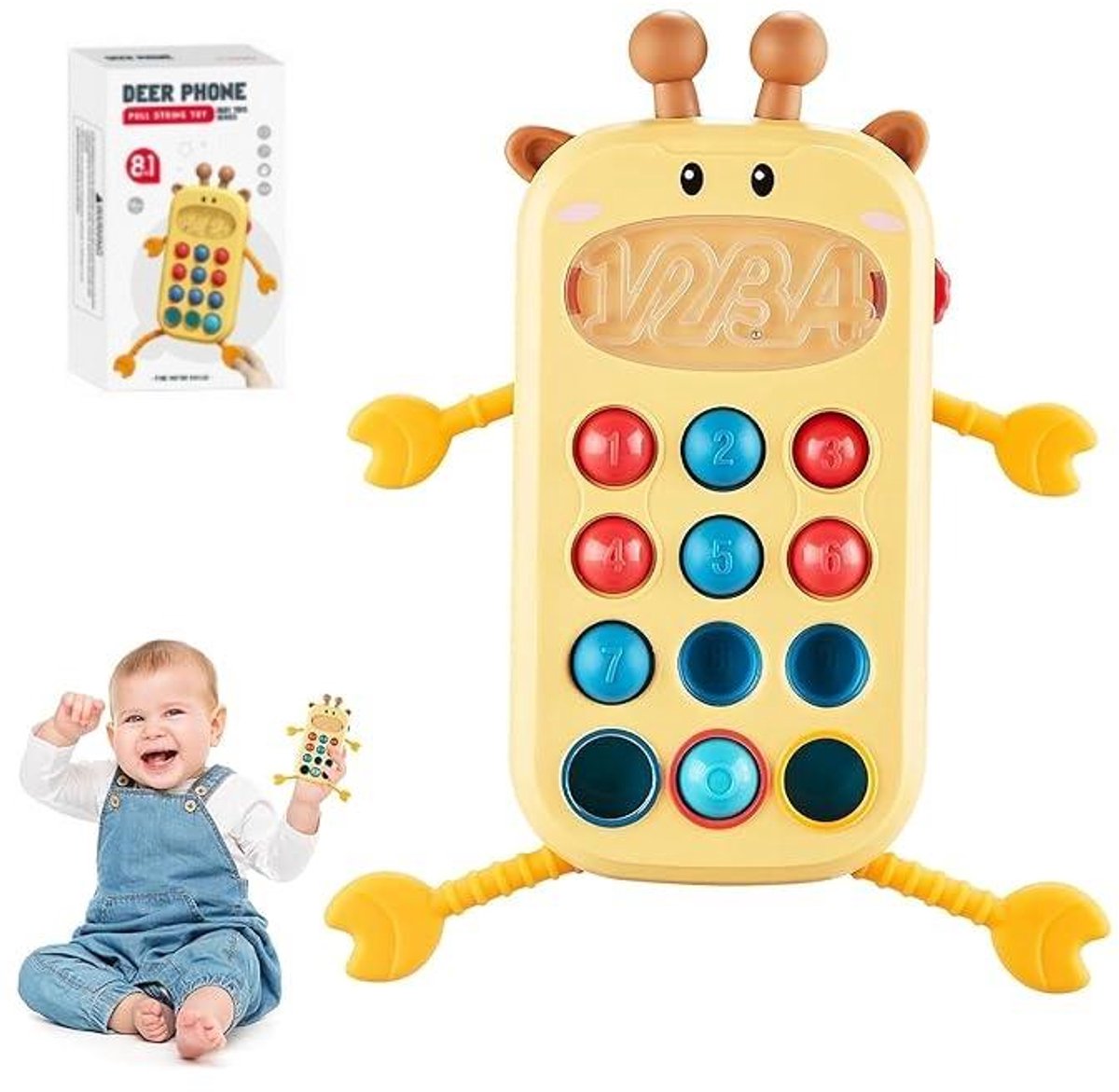 Casalora – Baby Pop It Telefoon Speelgoed – Educatief Speelgoed – Sensorisch Drukknoppen met Cijfers – Montessori Babyspeelgoed – Babybijtstokjes – Baby badspeelgoed – 6–18 Maanden – Geel