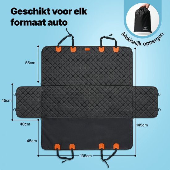 Housse de voiture matelassée noire dépliée à plat avec dimensions. Incluant un sac de rangement. Convient à toutes tailles de voiture.