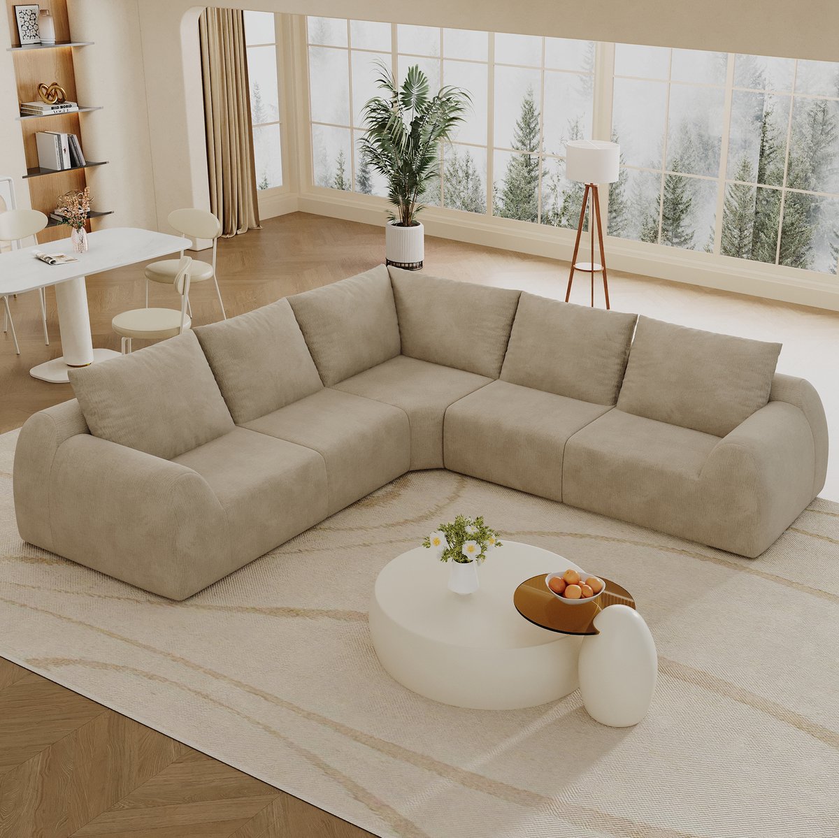 OKWISH Hoekbank 267 cm 5 Zitplaatsen - Boneless Slaapcomfort Met Hoge Elastische Vulling - Voor Woonkamer En Appartement - Chenille Stof - Khaki