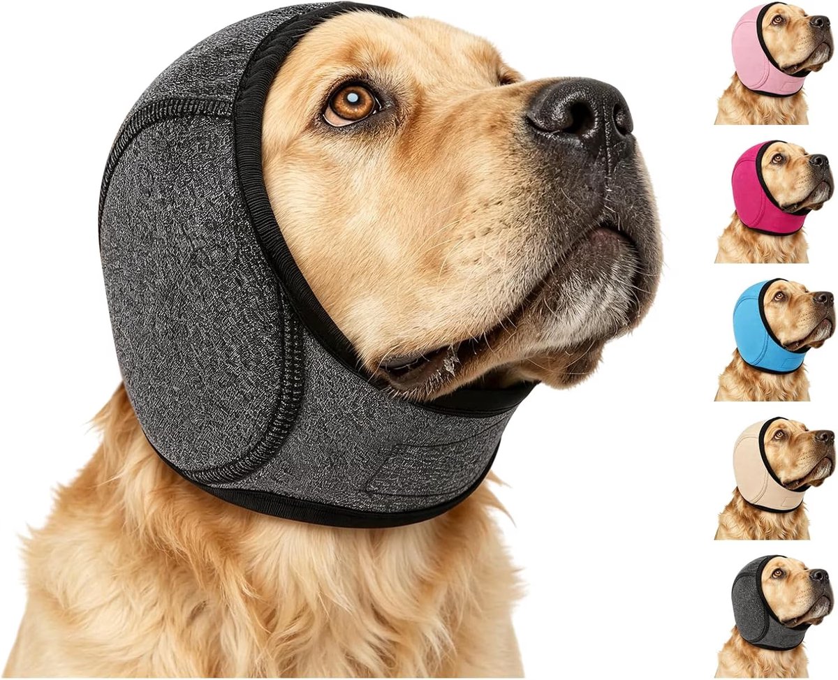 Geluiddempende oorkap - Honden anti-schud oorkappen - Geluidsbescherming tegen vuurwerk, onweer en stofzuiger - Comfortabele rustgevende capuchon voor honden - Verstelbaar (Donkergrijs, S)