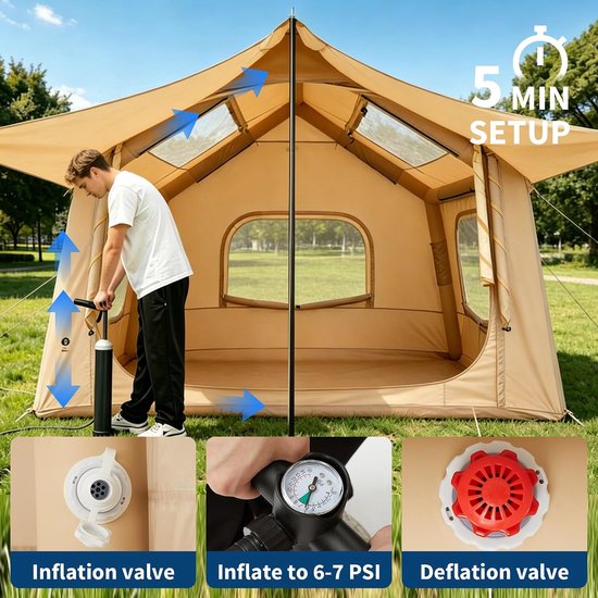 Opblaasbare Familietent 4 tot 6 Personen - Luxe Campingtent met Afneembare Luifel - Ruime Stahoogte (222 cm) - Snel Opzetbaar in 5 Minuten met Meegeleverde Handpomp - 305 x 244 cm — afbeelding 5