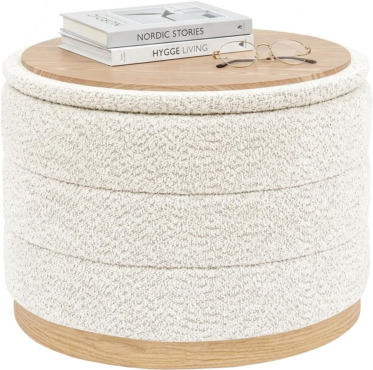 Ronde chenille poef met opbergruimte - 2-in-1 salontafel en voetenbank - inklapbare gevoerde kruk voor woonkamer - slaapkamer en hal - 58 x 58 x 44 cm - crèmewit