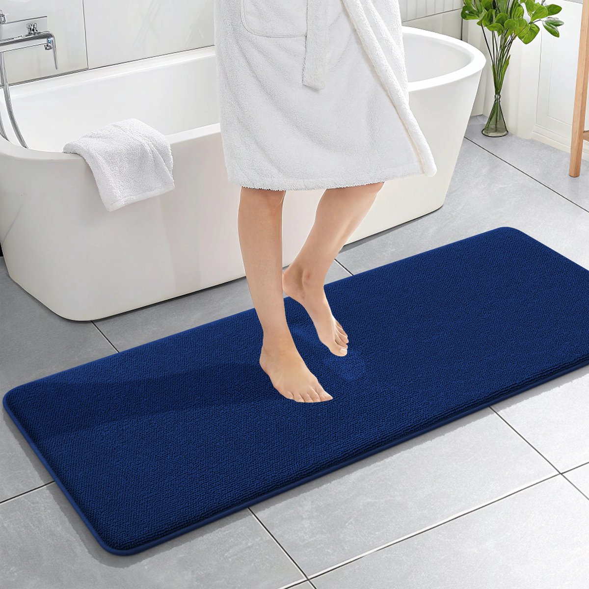 Olanly Badmat Antislip – Dikke Geheugenschuim Douchemat – Badmat Badkamer – Sneldrogend Vloermat – Marineblauw – 51X150cm