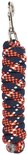 Donkerblauw halstertouw met oranje en wit gevlochten patroon, met zilverkleurige karabijnhaak.