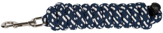 Donkerblauw halstertouw met witte strepen, gevlochten met metalen karabijnhaak.
