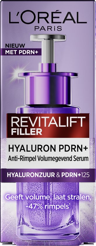 L'Oréal Paris Revitalift Filler Hyaluron PDRN+ serum fles met pomp, paars, 30ml.