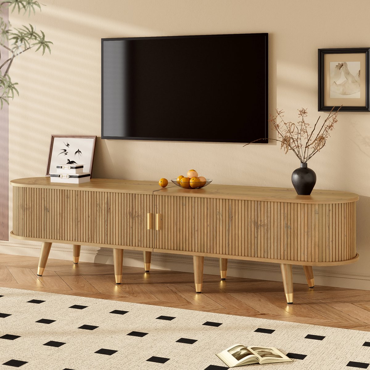 Welltin TV-meubel 175 cm met Rattan Schuifdeur, Tv Kast Donkere natuurlijke houtkleur, TV Dressoir met Opbergruimte, Open Vakken, Laden en Kast, Televisiemeubel, TV Kast voor Woonkamer, Landelijke Stijl, MDF, Natuurlijk Design