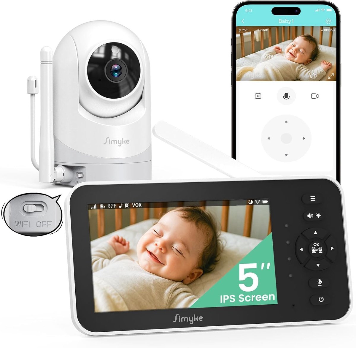 Babyfoon met Camera en App – 5 Inch IPS Scherm – 360° Draaibaar – Nachtzicht – 2-Weg Audio – 720p
