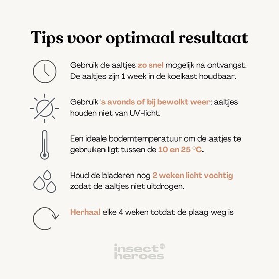 Tips voor optimaal resultaat: gebruik aaltjes snel, bewaar in koelkast, gebruik 's avonds, ideale bodemtemperatuur 10-25°C, houd bladeren vochtig, herhaal elke 4 weken.
