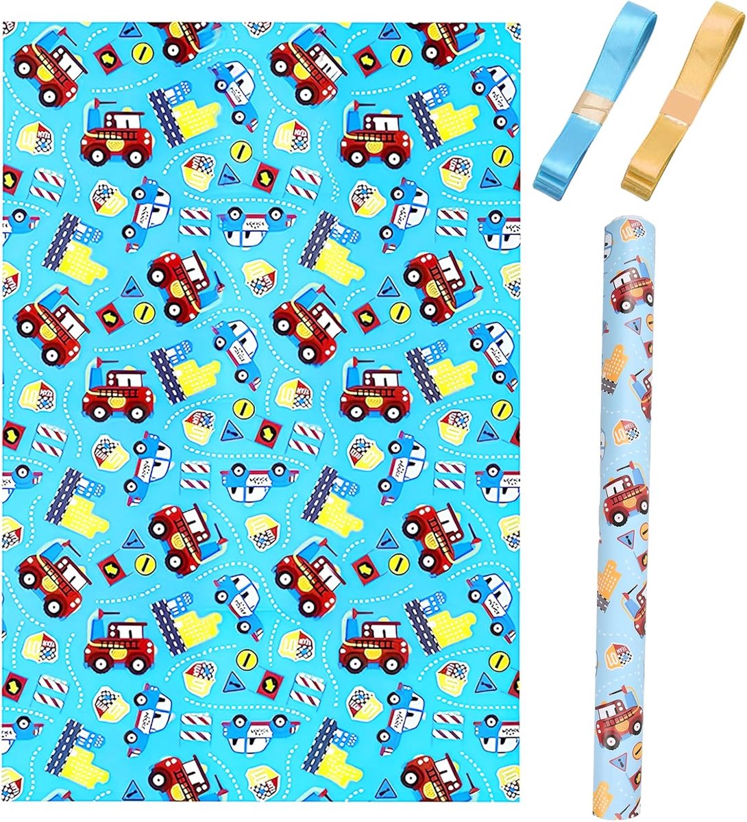 51 x 75 cm cadeaupapier, blauw, inclusief 2 gouden en hemelsblauwe linten, cadeauverpakkingsset voor verjaardagsfeest - ShopVlot