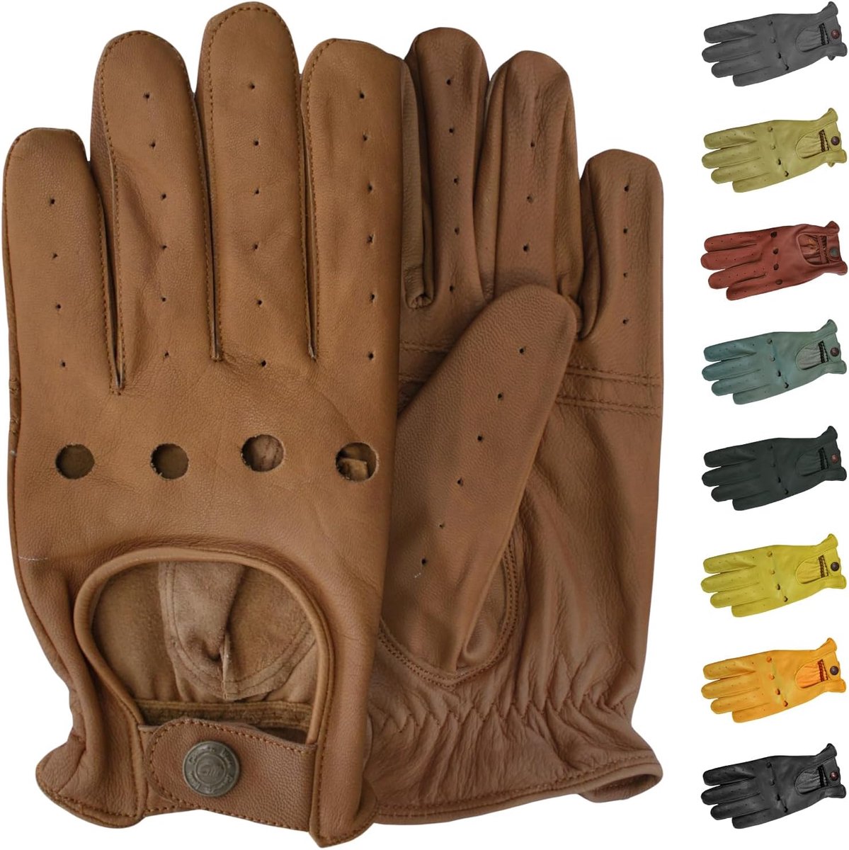 German Wear, Men's Driving Car Driver Gloves Leather Caramel 9=L - ShopVlot