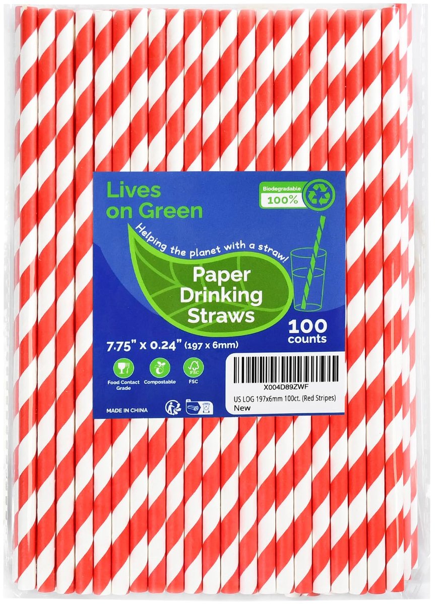 Lives on Green 19,7 cm rood/wit gestreepte papieren rietjes, biologisch, 100 stuks, voor dranken, cocktails - ShopVlot