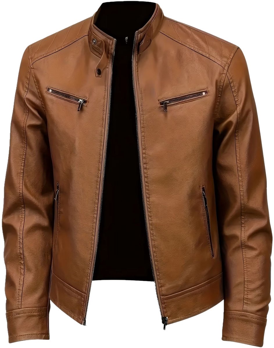 Currero Kunst Leren Jas Leather Jacket Lederen Jas Bomberjack Pilotenjack Blazer Biker Motorjas Motormuis Heren Geelbruin