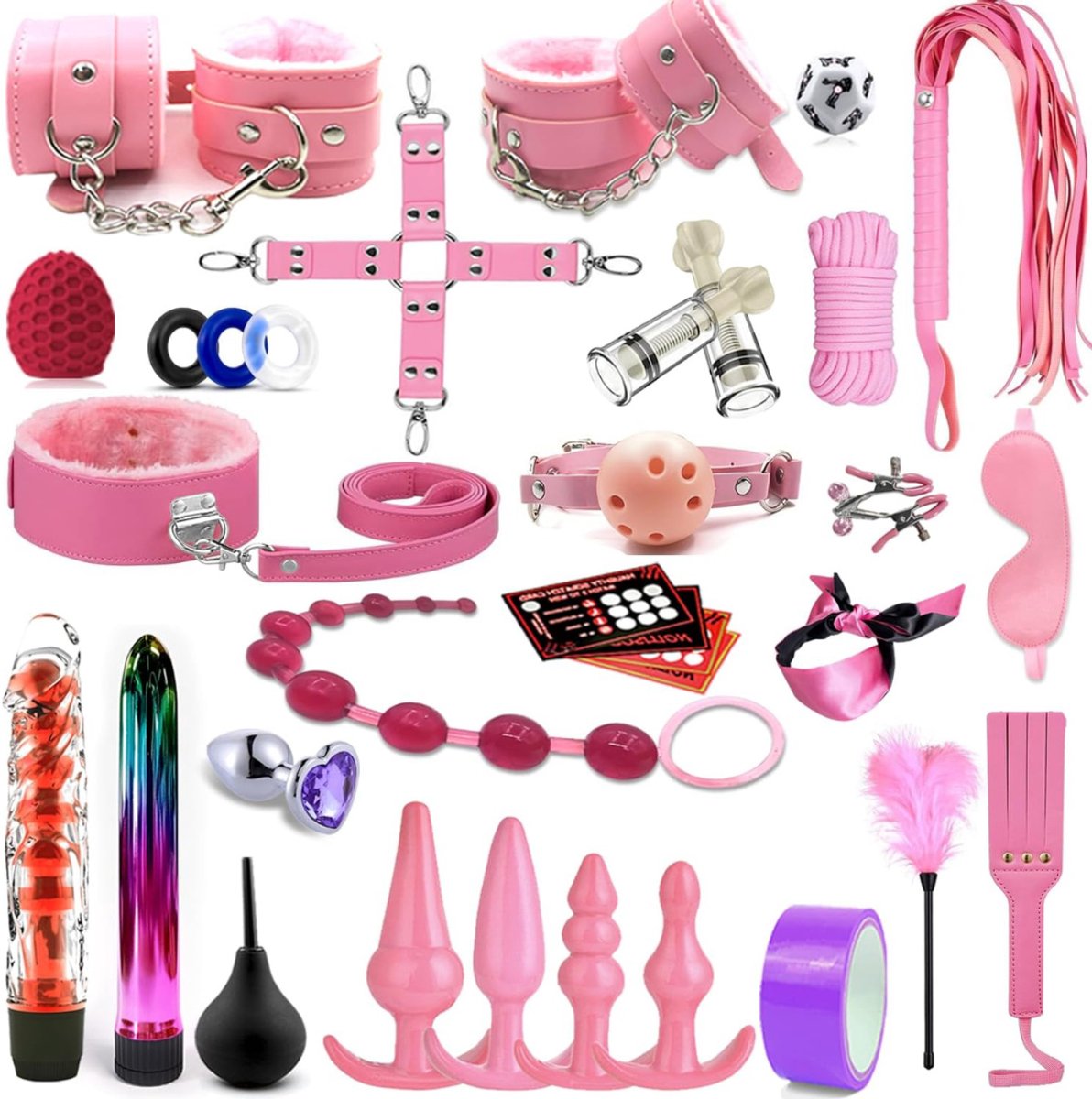 QUOVO® BDSM Extreme - Sex Toys voor Koppels - 33 Stuks - Seksspeeltjes voor Koppel - Zweepje Seks - Shibari Touw – Bondagesets – Dildo’s - Sexspeeltjes voor Koppels - Couple Games – Bondagesets – Boeienset, Handboeien, Tepelklemmen, etc - Roze