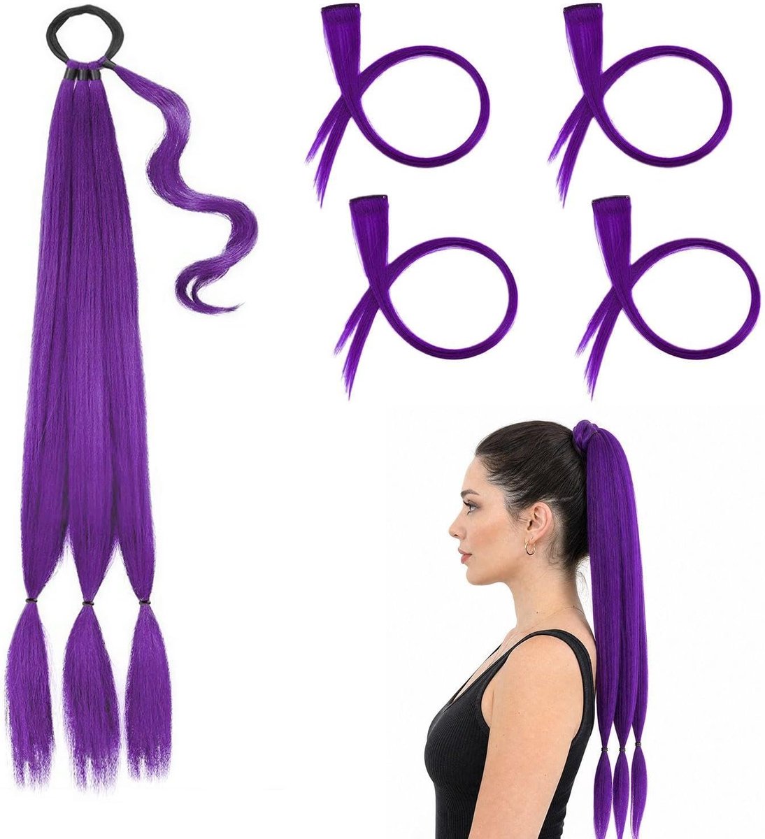 1 Paarse Paardenstaartpruik, 4 Paarse Pruikonderdelen, Halloween-Make-Up, Toneeldecoratie, Elastische Hoofdband - ShopVlot