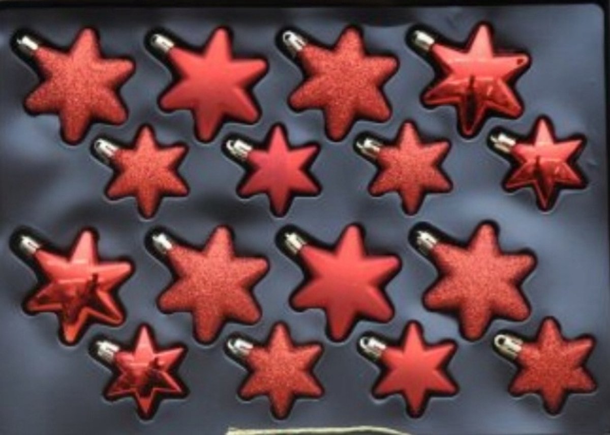 Set van 16 Rode Ster Kerstballen, Onbreekbaar