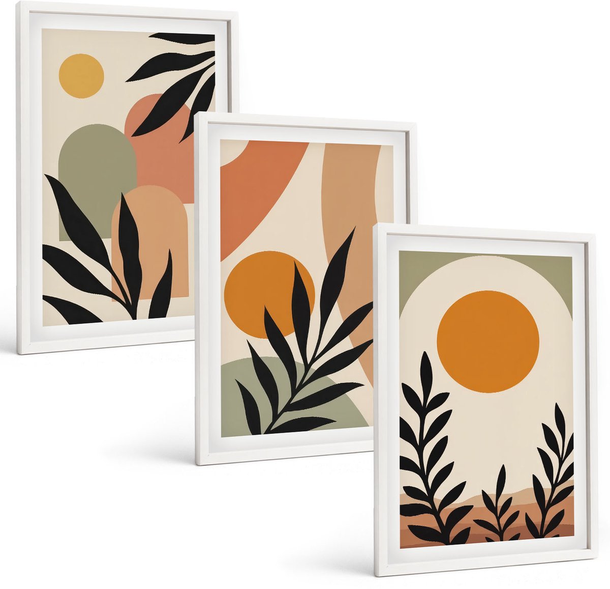 Tulup 3-Delige Schilderij Set - Abstracte vormen en plantmotieven in warme kleuren. - 40x60 - Stijlvolle Wanddecoratie - Interieur - Woonkamer Decoratie