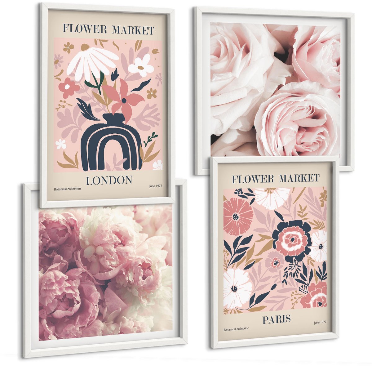 Tulup 4-Delige Schilderij Set - Bloemmotieven Rozen Pioenrozen Londen Parijs - 40x40 en 40x60 - Muurdecoratie - Decoratieve Schilderijen - Wohnzimmer - Woonkamer Decoratie