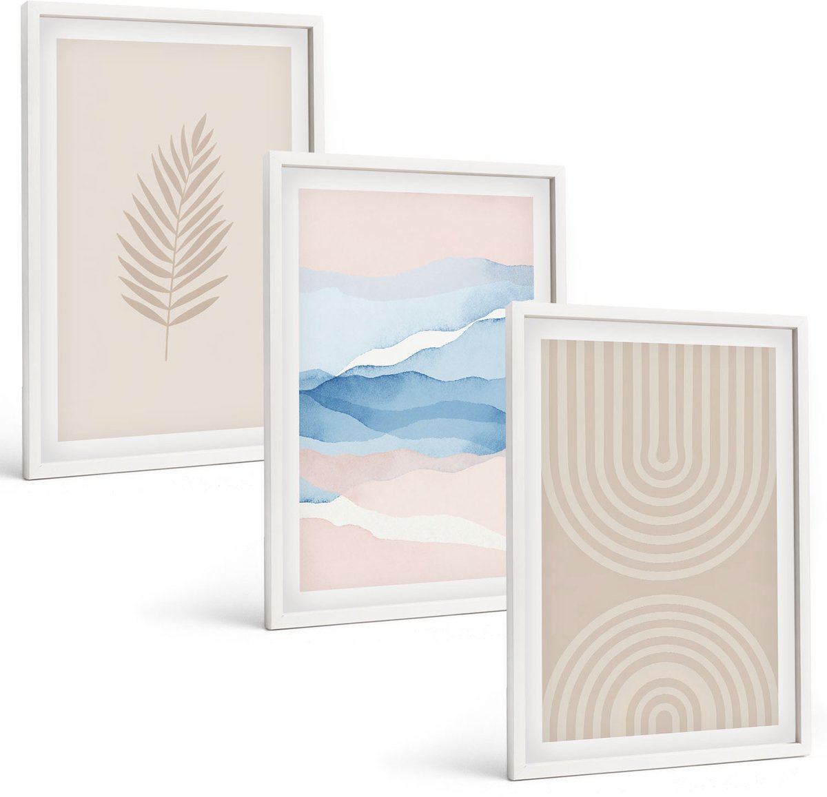 Tulup 3-Delige Schilderij Set - Bladeren en golven in beige en blauwe tinten. - 40x60 - Wanddecoratie - Woonkamer Decoratie
