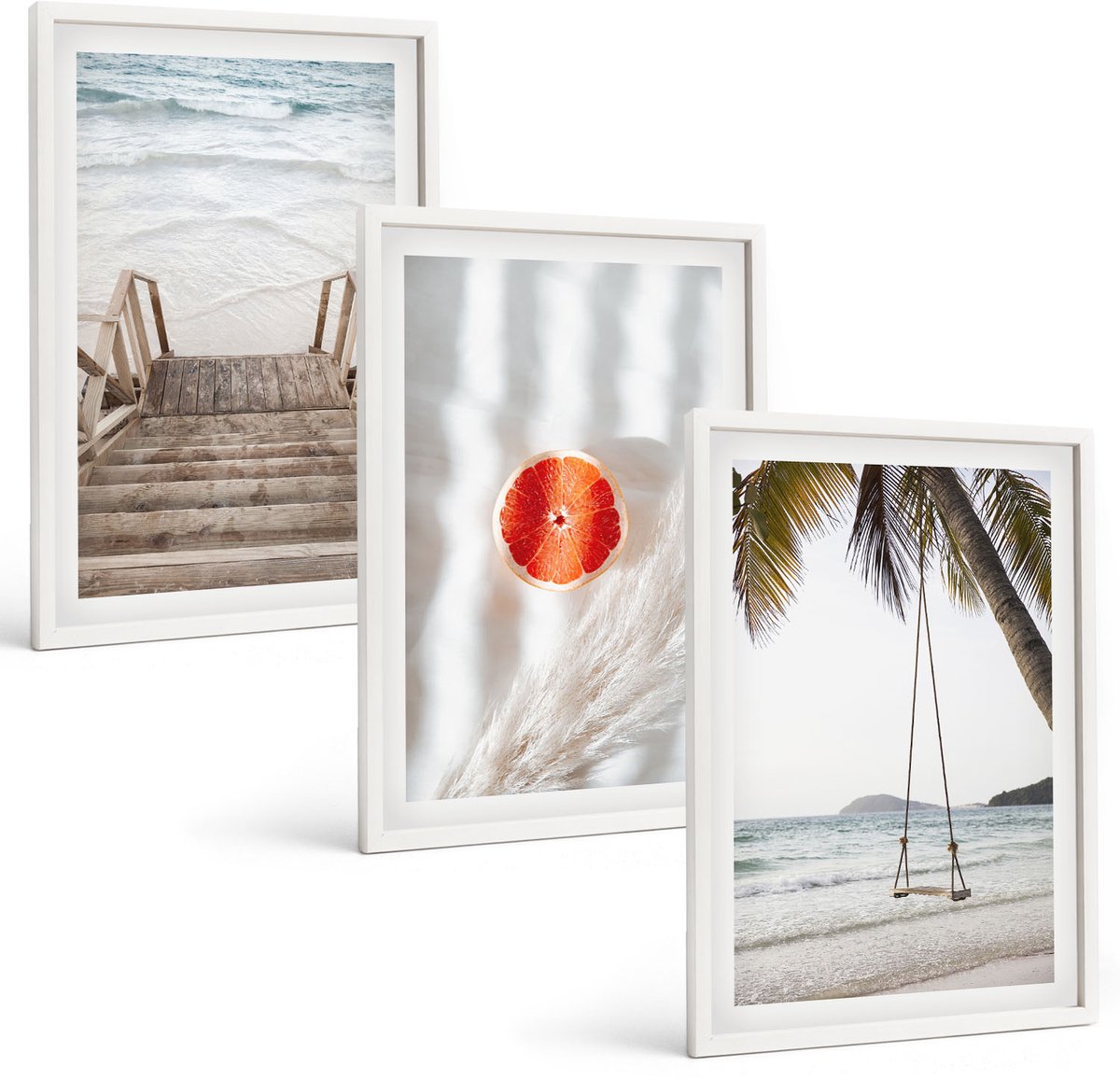 Tulup 3-Delige Schilderij Set - Strand met houten trap, vakantiesfeer - 40x60 - Muurdecoratie - Decoratieve Schilderijen - Wohnzimmer