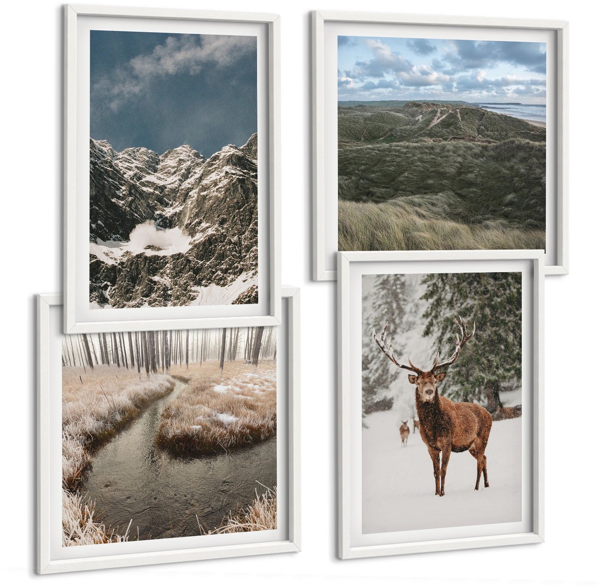 Tulup 4-Delige Schilderij Set - Bergen met sneeuwherten in boslandschappen - 40x40 en 40x60 - Wanddecoratie - Moderne Interieurdecoratie - Moderne Wanddecoratie