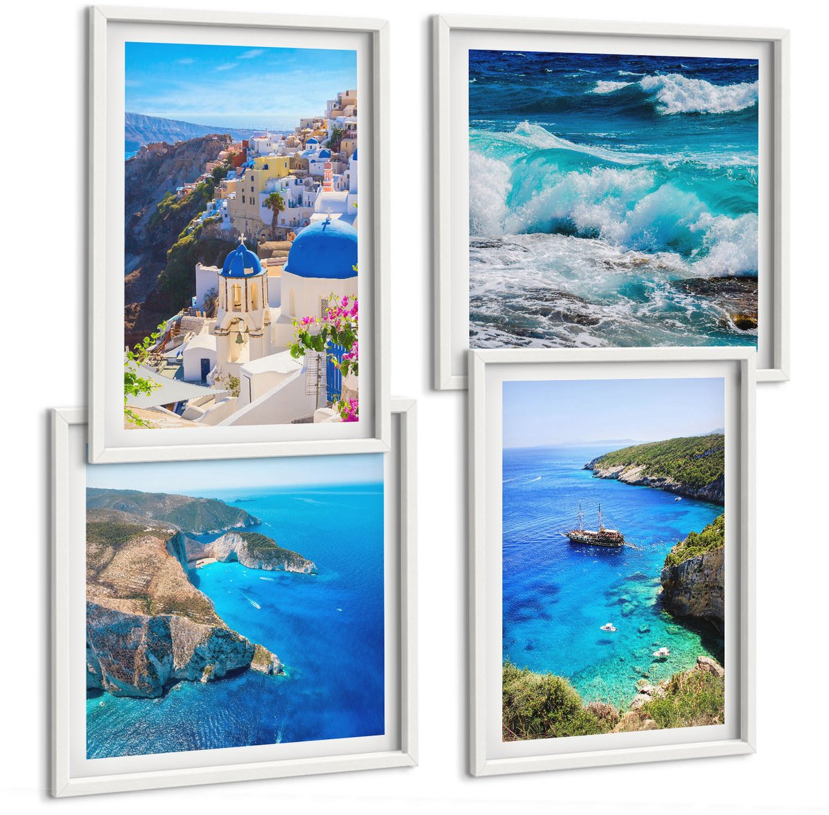 Tulup 4-Delige Schilderij Set - Uitzicht op de Griekse kust en het stadje Oia op Santorini - 40x40 en 40x60 - Decoratieve Muurdecoratie - Slaapkamer - Woonkamer Decoratie