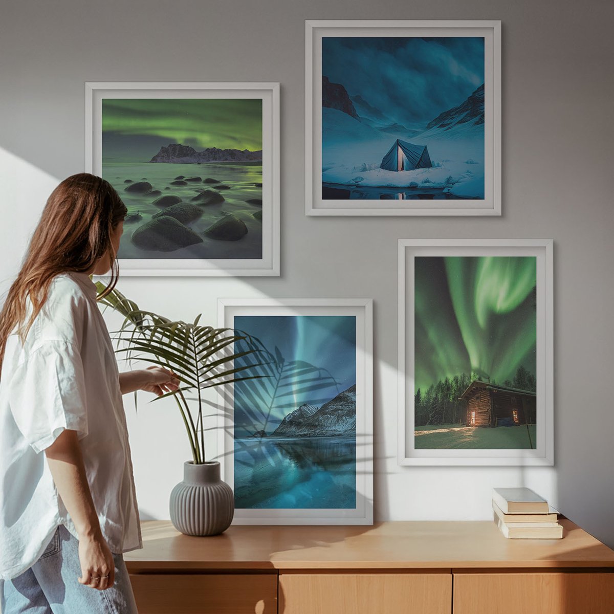 Tulup 4-Delige Schilderij Set - Winterlandschappen met het noorderlicht boven de bergen - 40x40 en 40x60 - Stijlvolle Wanddecoratie - Interieur