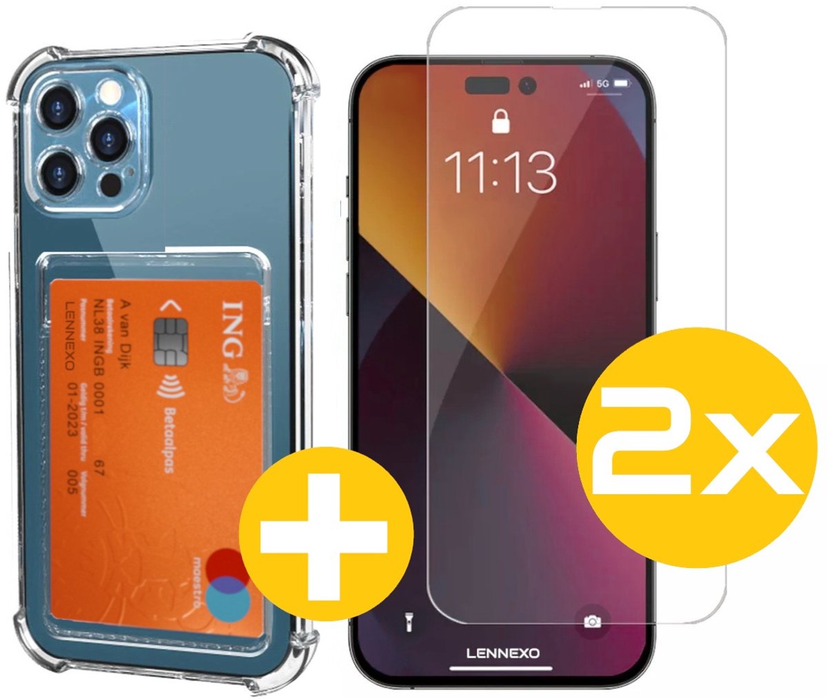 Pashouder Hoesje en Screenprotector Combi Geschikt Voor iPhone 14 Pro Max - Pasjeshouder + 2x Screenprotector
