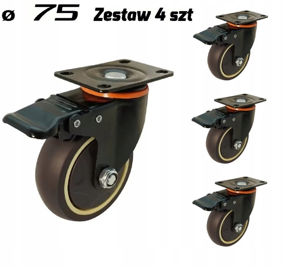 4x Zwenkwielen met Rem, 75mm TPR, Zwart