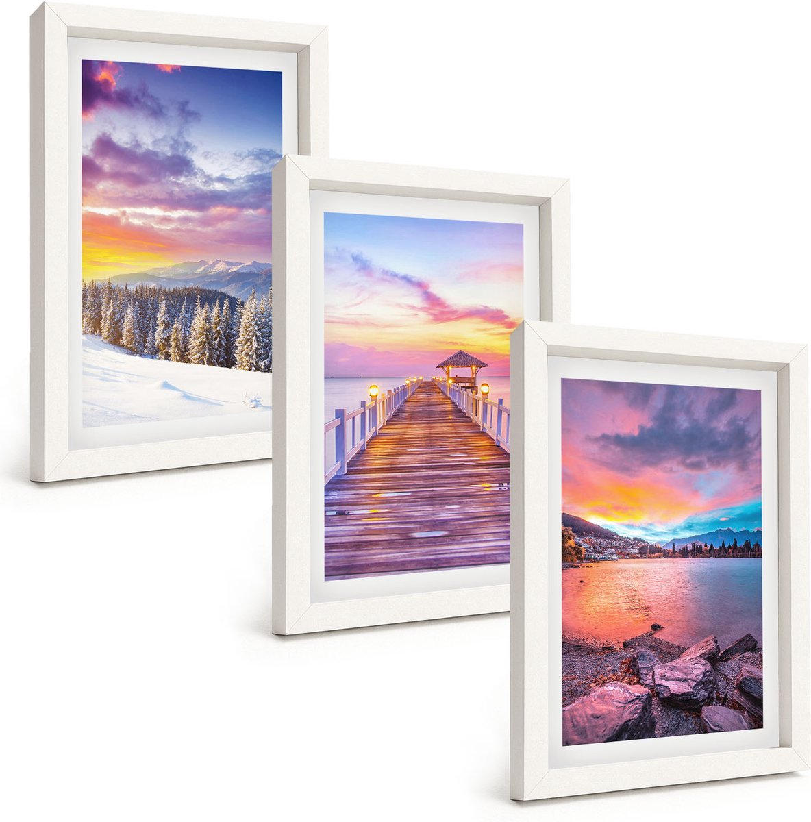 Tulup 3-Delige Schilderij Set - Winters berglandschap met een aanlegsteiger aan het meer. - 20x30 - Wanddecoratie - Woonkamer Decoratie - Stijlvolle Muurdecoratie