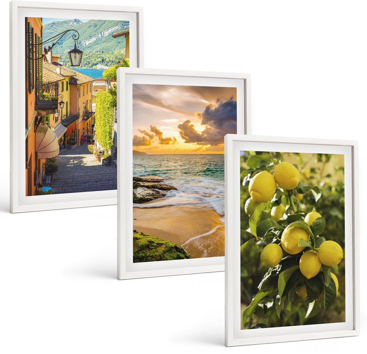 Tulup 3-Delige Schilderij Set - Schilderachtige straatjes, zee, strand en citrusbomen. - 40x60 - Wanddecoratie - Schilderijen Set - Interieur - Moderne Wanddecoratie