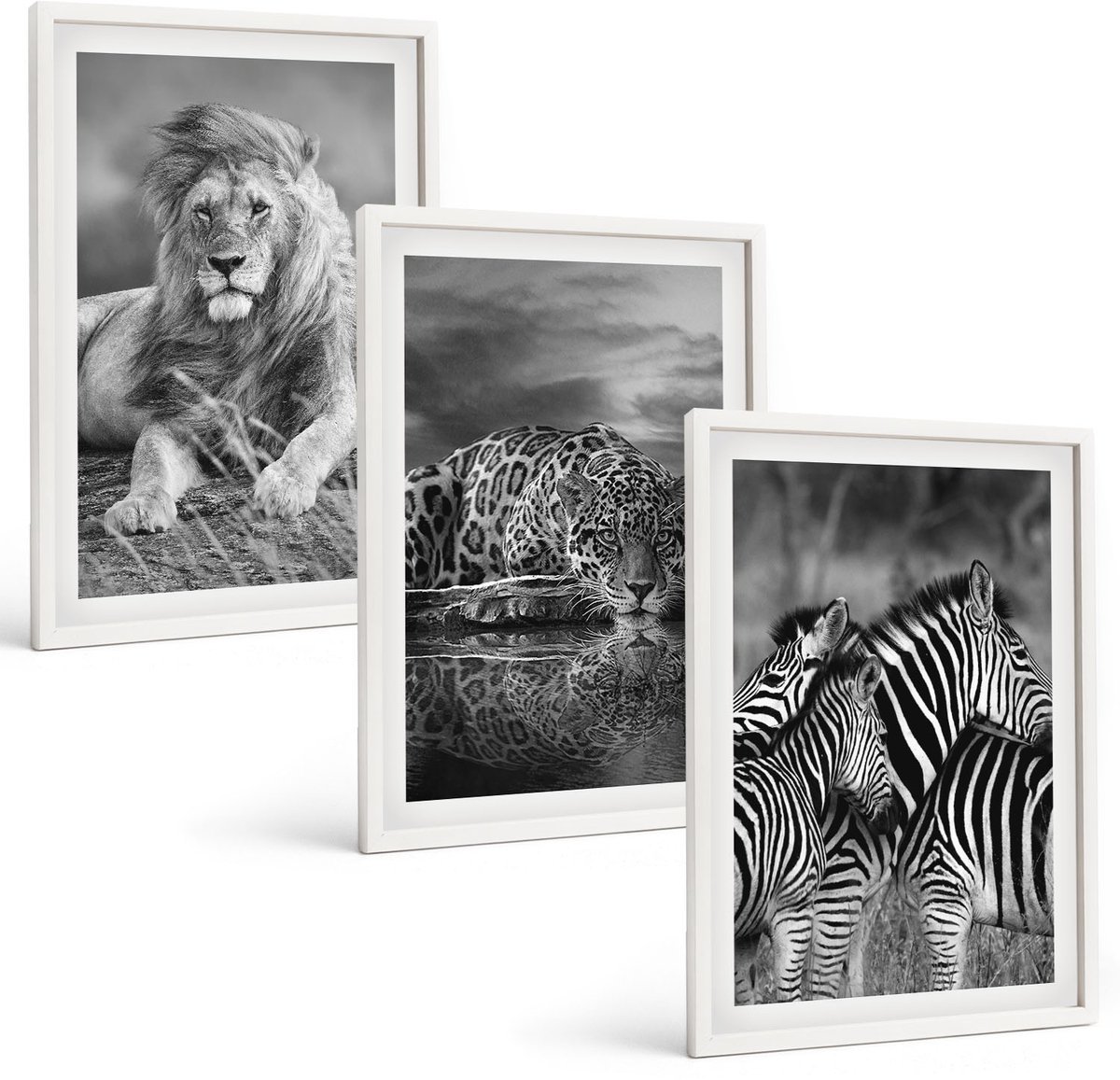 Tulup 3-Delige Schilderij Set - Wilde dieren van de savanne: leeuw, jaguar en zebra. - 40x60 - Muurdecoratie - Decoratieve Schilderijen - Wohnzimmer - Moderne Wanddecoratie