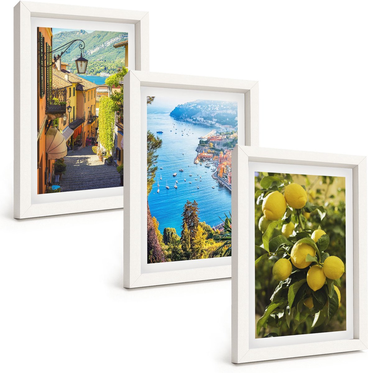 Tulup 3-Delige Schilderij Set - Schilderachtige straatjes langs de kust, uitzicht op de zee en citroenen. - 20x30 - Schilderijen Set - Wanddecoratie - Woonkamer