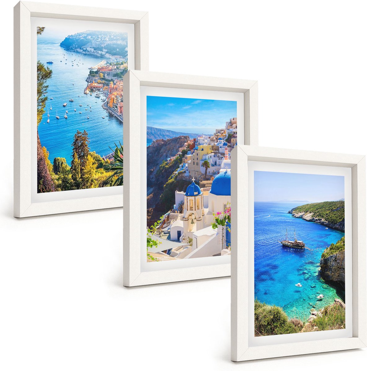 Tulup 3-Delige Schilderij Set - Uitzicht op de Griekse kust en het stadje Oia op Santorini - 20x30 - Wanddecoratie - Schilderijen Set - Interieur - Woonkamer Decoratie