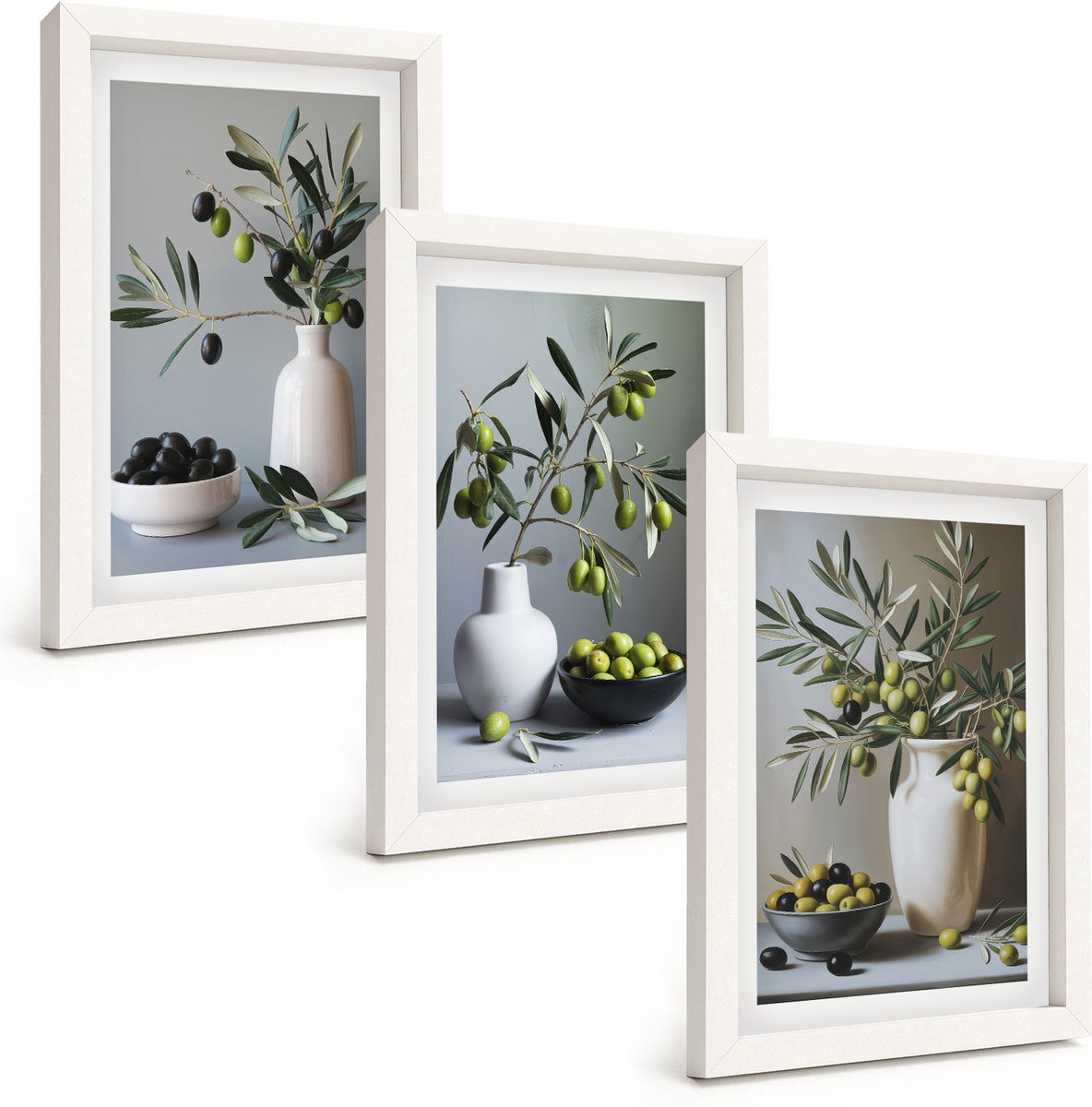 Tulup 3-Delige Schilderij Set - Olijven in vazen ​​tegen een achtergrond van gedempte kleuren. - 20x30 - Decoratieve Schilderijen - Wanddecoratie - Hal - Interieur Decoratie