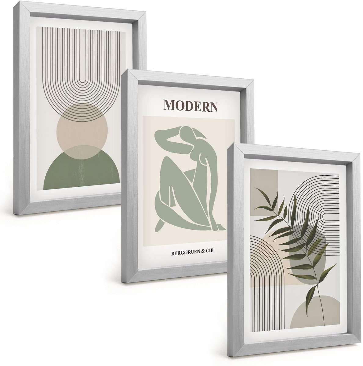 TULUP 4-Delige Schilderij Set - Stijlvolle afbeeldingen met abstracte vormen en planten. - 20 x 30 cm - Moderne Wanddecoratie - Woonkamer - Muurdecoratie Zilveren lijst