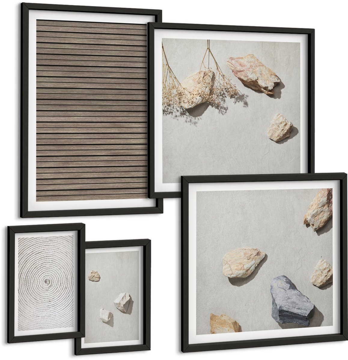 Tulup 4-Delige Schilderij Set - Natuurlijke texturen: hout, stenen, touw - 50 x 50 cm, 20 x 30 cm en 40 x 60 cm - Stijlvolle Muurdecoratie - Kantoor - Moderne Wanddecoratie