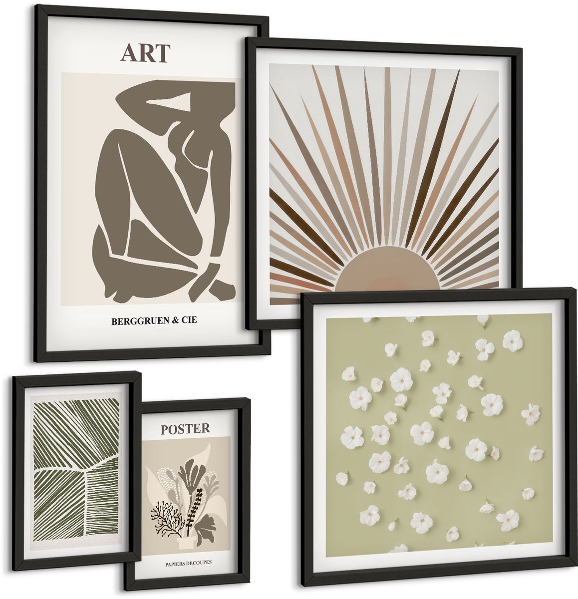 Tulup 4-Delige Schilderij Set - Stijlvolle afbeeldingen met plantmotieven en abstracte elementen. - 50 x 50 cm, 20 x 30 cm en 40 x 60 cm - Wanddecoratie - Schilderijen Set - Kantoor - Muurdecoratie