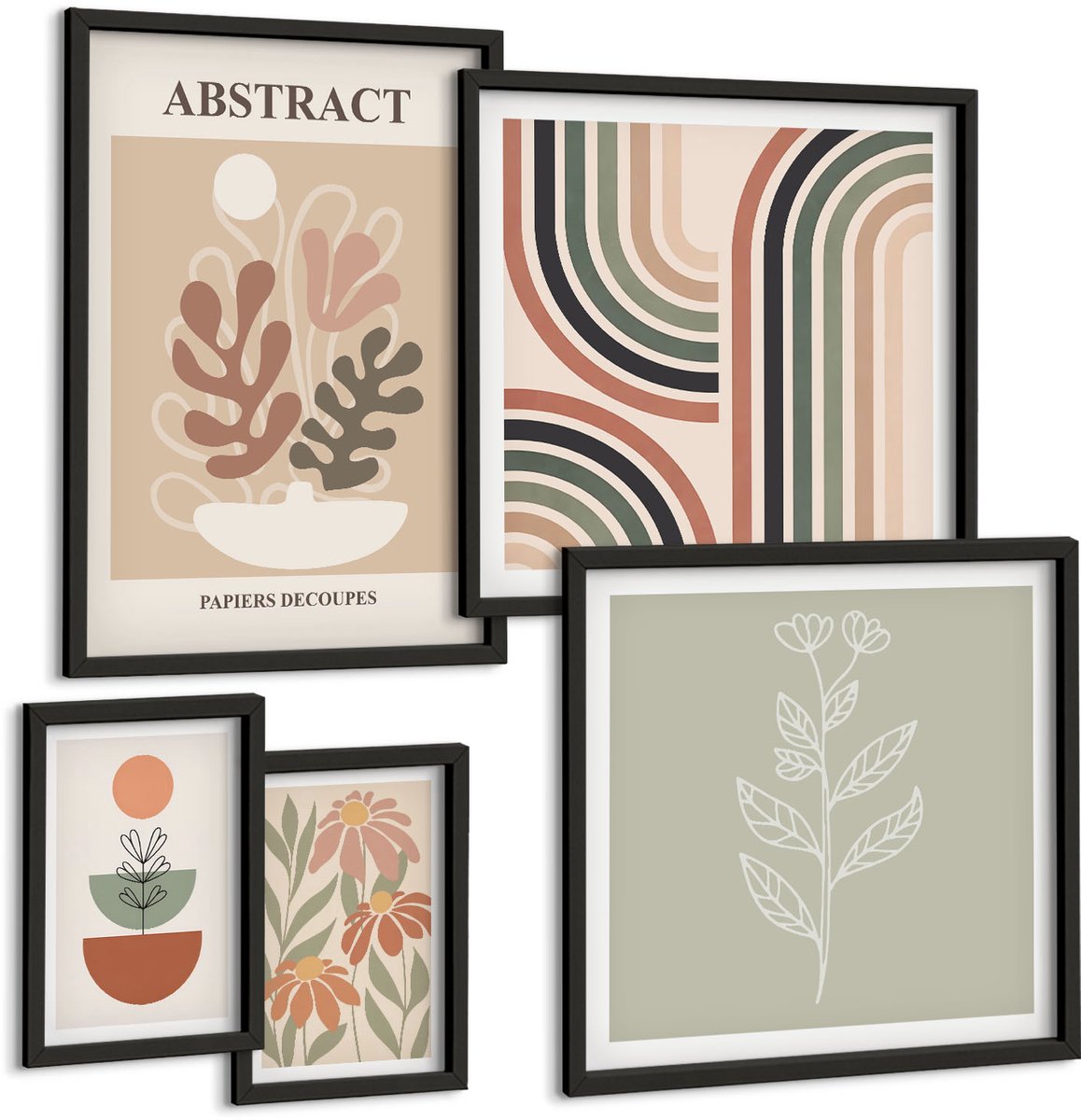 Tulup 4-Delige Schilderij Set - Stijlvolle abstracte planten en geometrische patronen - 50 x 50 cm, 20 x 30 cm en 40 x 60 cm - Decoratieve Schilderijen - Wanddecoratie - Hal - Stijlvolle Muurdecoratie